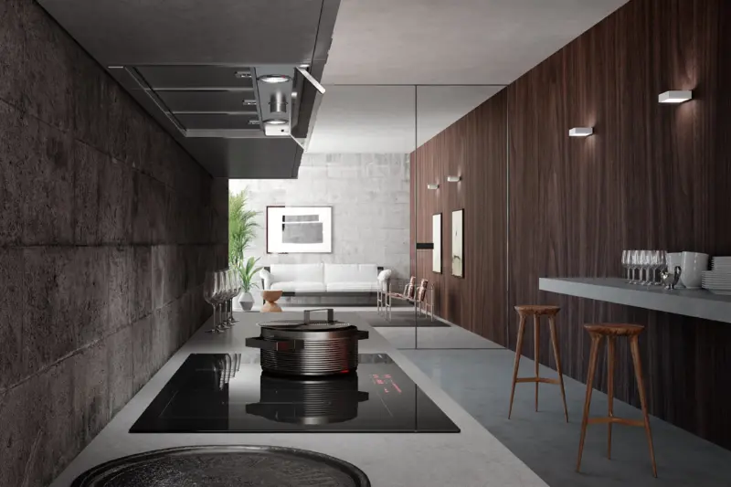 A Faber hood built into the ceiling above a kitchen island