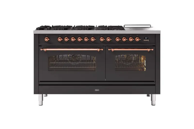 A matt black ILVE Milano 150 range cooker with copper trim