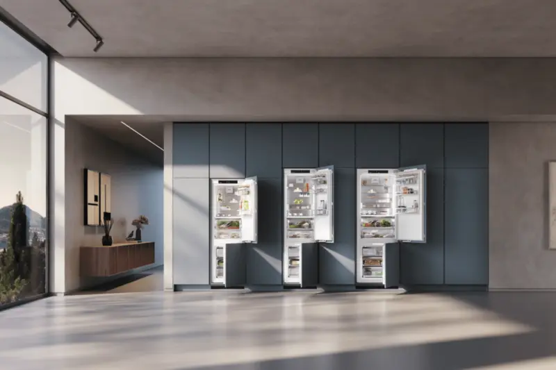 Three Liebherr fridge freezers with their doors open, in a blue fitted wall