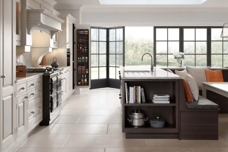 The Caledonia Assynt kitchen, painted in Dunnet Sands with Dark Walnut