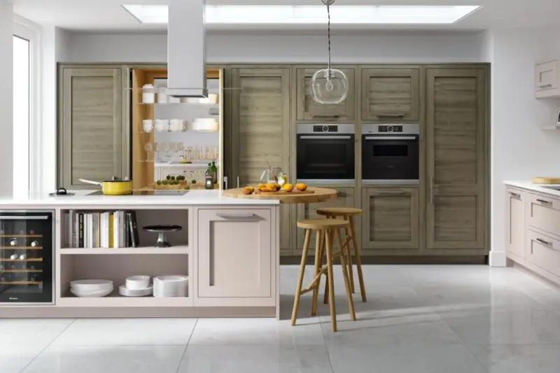 The Caledonia Conival kitchen, smooth painted in Morning Sky with Smoked Oak