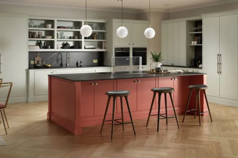 The Caledonia Harris kitchen, smooth painted in Scorched Heather and Road Metal