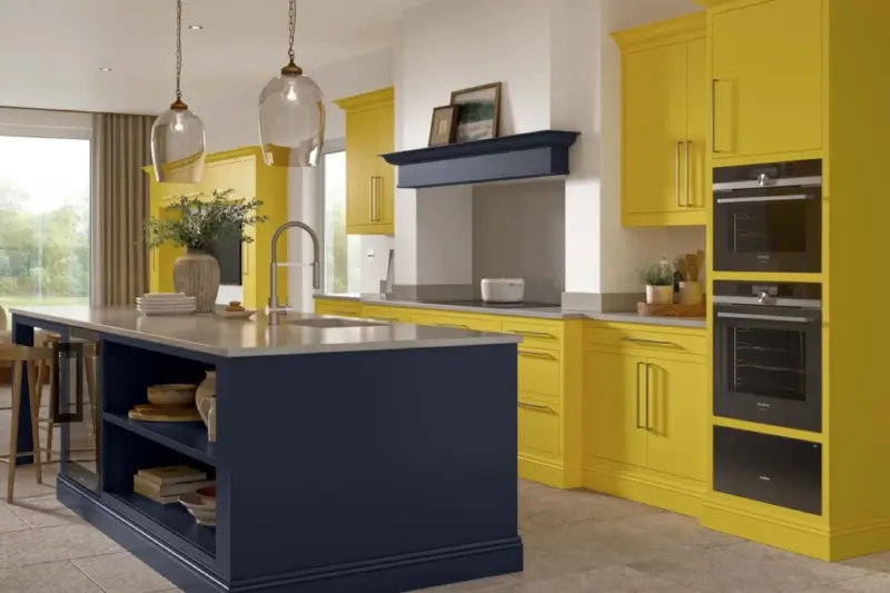 The Caledonia Skye kitchen, smooth painted in Sunburst and Sumburgh Midnight