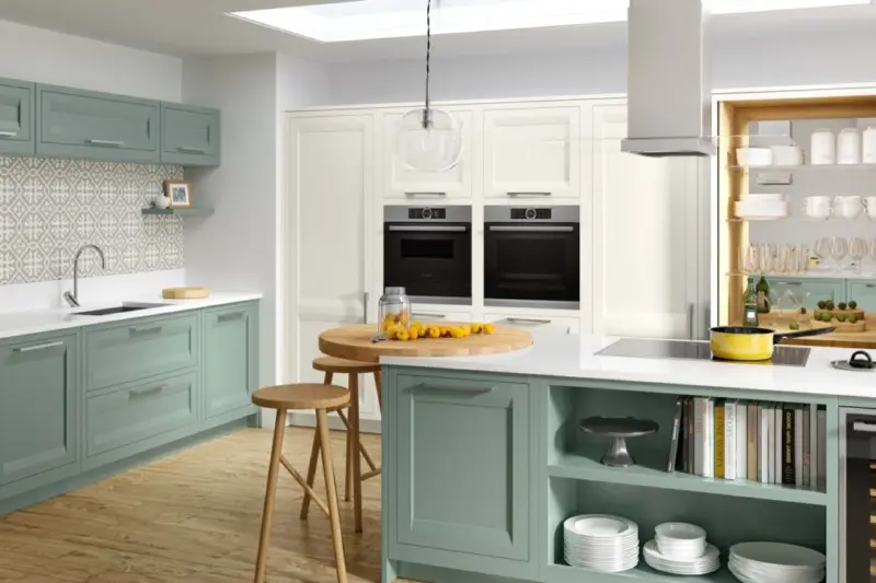 The Caledonia Talmine kitchen, painted in Summer Sky and Cloudy Dawn