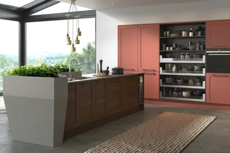 The Caledonia Taransay kitchen, smooth painted in Scorched Heather with Light Walnut
