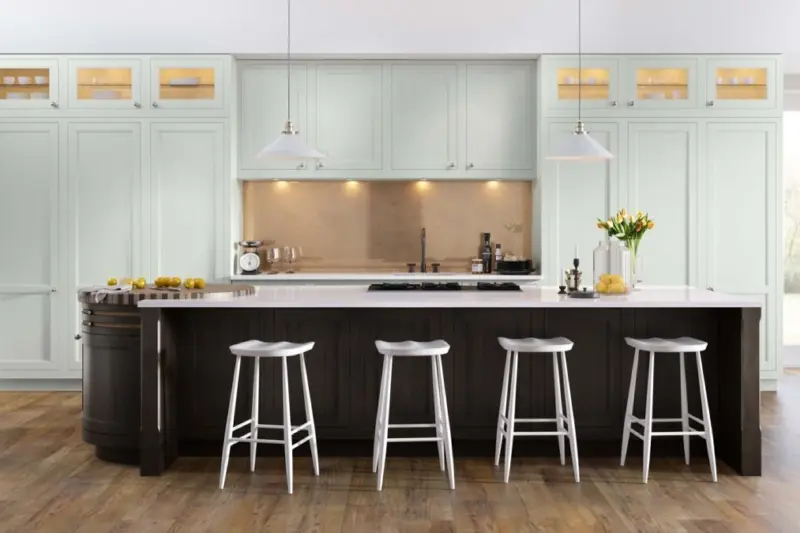 The Caledonia Torridon kitchen, smooth painted in Farr Beach with Dark Oak